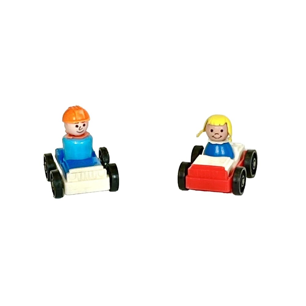 Vintage Fisher Price Little People Retro Colorblock Cars Blonde Girl Hardhat Boy